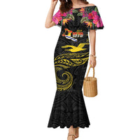 Kiribati Independence Day Personalised Family Matching Mermaid Dress and Hawaiian Shirt Gold Frigatebird with Polynesian Pattern LT9 Mom's Dress Black - Polynesian Pride