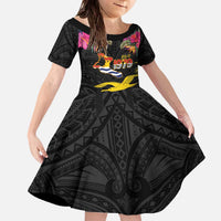 Kiribati Independence Day Personalised Family Matching Off The Shoulder Long Sleeve Dress and Hawaiian Shirt Gold Frigatebird with Polynesian Pattern LT9 Daughter's Dress Black - Polynesian Pride