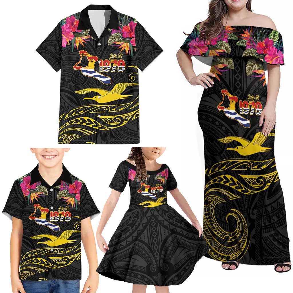 Kiribati Independence Day Personalised Family Matching Off Shoulder Maxi Dress and Hawaiian Shirt Gold Frigatebird with Polynesian Pattern LT9 - Polynesian Pride