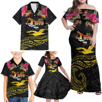 Kiribati Independence Day Personalised Family Matching Off Shoulder Maxi Dress and Hawaiian Shirt Gold Frigatebird with Polynesian Pattern LT9 - Polynesian Pride