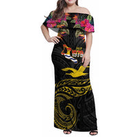 Kiribati Independence Day Personalised Family Matching Off Shoulder Maxi Dress and Hawaiian Shirt Gold Frigatebird with Polynesian Pattern LT9 Mom's Dress Black - Polynesian Pride