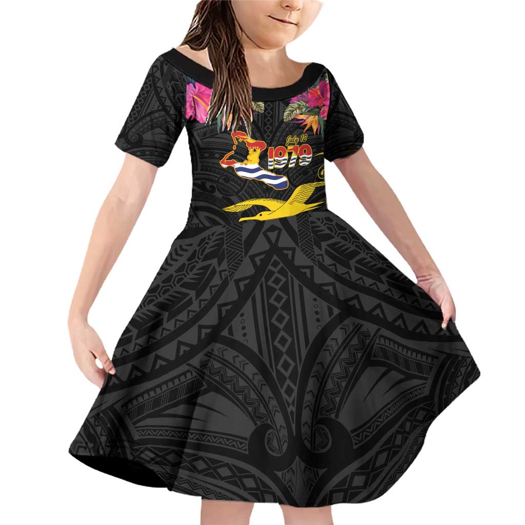 Kiribati Independence Day Personalised Family Matching Off Shoulder Short Dress and Hawaiian Shirt Gold Frigatebird with Polynesian Pattern LT9 Daughter's Dress Black - Polynesian Pride