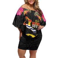 Kiribati Independence Day Personalised Family Matching Off Shoulder Short Dress and Hawaiian Shirt Gold Frigatebird with Polynesian Pattern LT9 Mom's Dress Black - Polynesian Pride