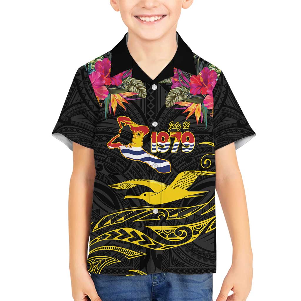 Kiribati Independence Day Personalised Family Matching Off Shoulder Short Dress and Hawaiian Shirt Gold Frigatebird with Polynesian Pattern LT9 Son's Shirt Black - Polynesian Pride