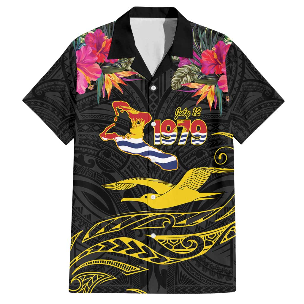 Kiribati Independence Day Personalised Family Matching Puletasi and Hawaiian Shirt Gold Frigatebird with Polynesian Pattern LT9 Dad's Shirt - Short Sleeve Black - Polynesian Pride