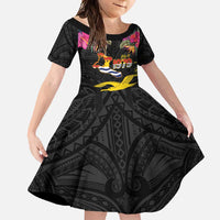 Kiribati Independence Day Personalised Family Matching Short Sleeve Bodycon Dress and Hawaiian Shirt Gold Frigatebird with Polynesian Pattern LT9 Daughter's Dress Black - Polynesian Pride