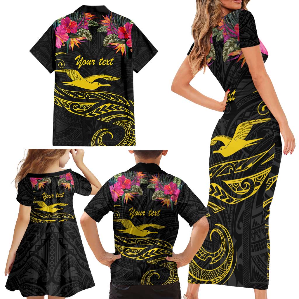 Kiribati Independence Day Personalised Family Matching Short Sleeve Bodycon Dress and Hawaiian Shirt Gold Frigatebird with Polynesian Pattern LT9 - Polynesian Pride
