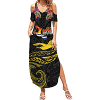 Kiribati Independence Day Personalised Family Matching Summer Maxi Dress and Hawaiian Shirt Gold Frigatebird with Polynesian Pattern LT9 Mom's Dress Black - Polynesian Pride