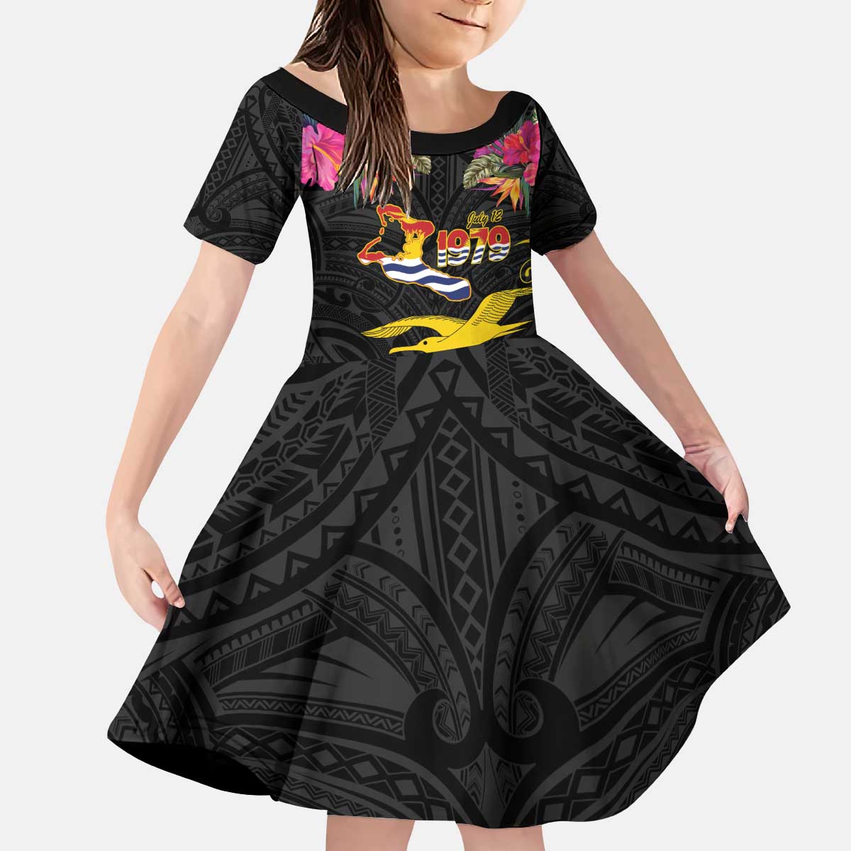 Kiribati Independence Day Personalised Kid Short Sleeve Dress Gold Frigatebird with Polynesian Pattern