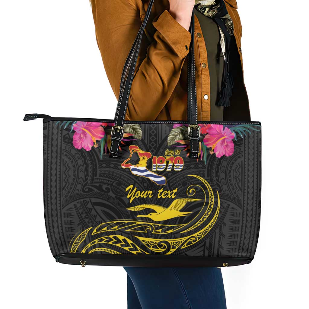 Kiribati Independence Day Personalised Leather Tote Bag Gold Frigatebird with Polynesian Pattern