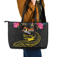 Kiribati Independence Day Personalised Leather Tote Bag Gold Frigatebird with Polynesian Pattern
