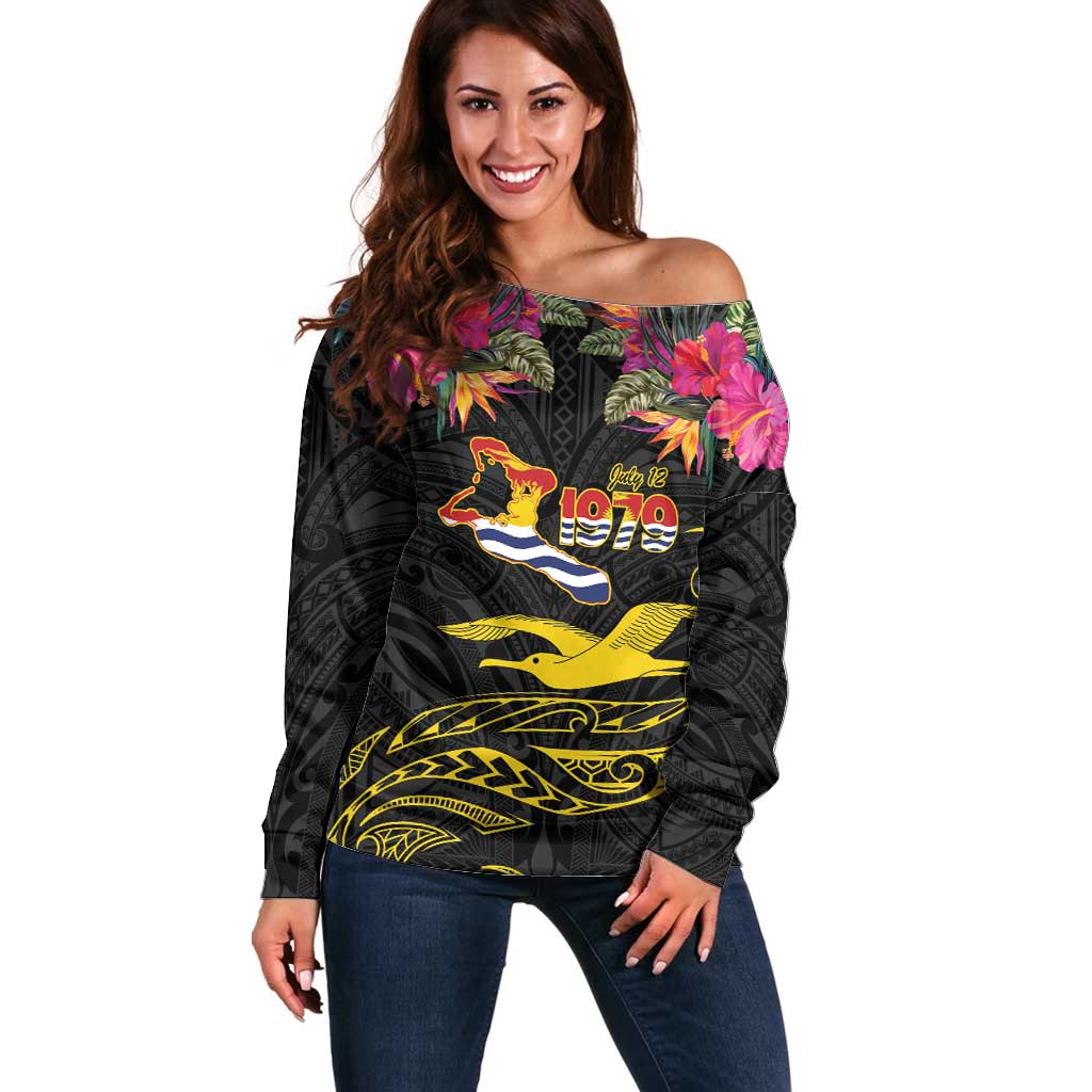 Kiribati Independence Day Personalised Off Shoulder Sweater Gold Frigatebird with Polynesian Pattern LT9 Women Black - Polynesian Pride