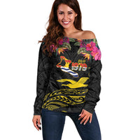 Kiribati Independence Day Personalised Off Shoulder Sweater Gold Frigatebird with Polynesian Pattern LT9 Women Black - Polynesian Pride