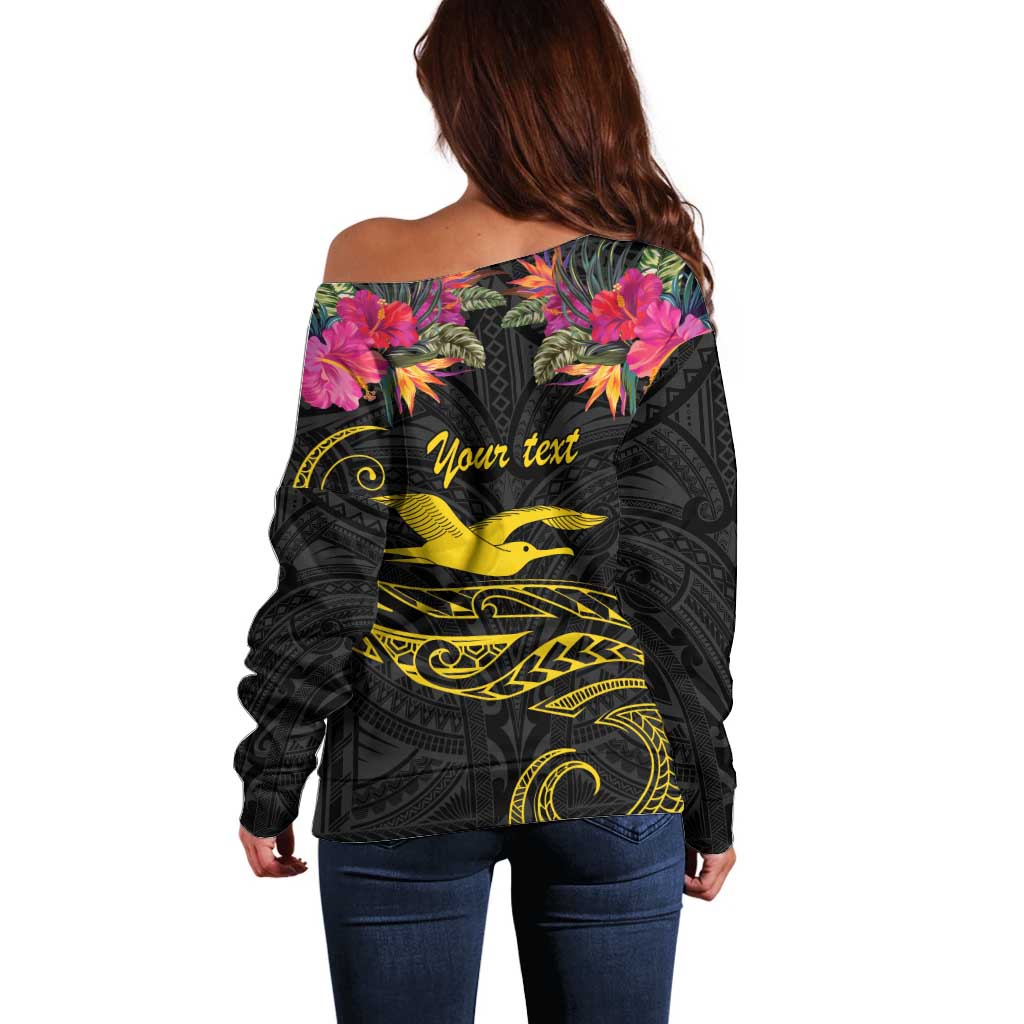 Kiribati Independence Day Personalised Off Shoulder Sweater Gold Frigatebird with Polynesian Pattern LT9 - Polynesian Pride