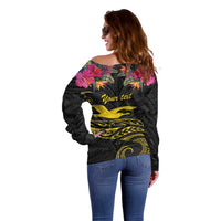 Kiribati Independence Day Personalised Off Shoulder Sweater Gold Frigatebird with Polynesian Pattern LT9 - Polynesian Pride