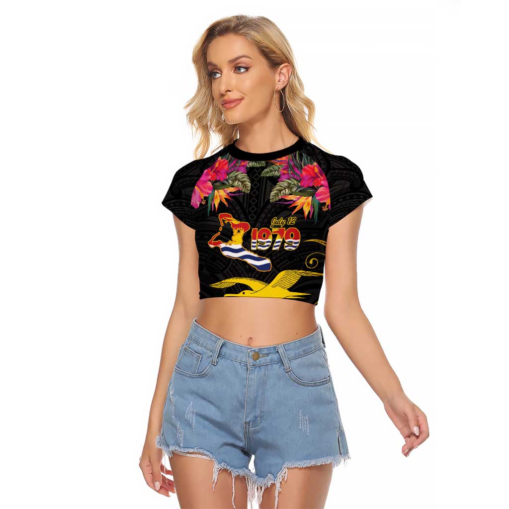 Kiribati Independence Day Personalised Raglan Cropped T Shirt Gold Frigatebird with Polynesian Pattern