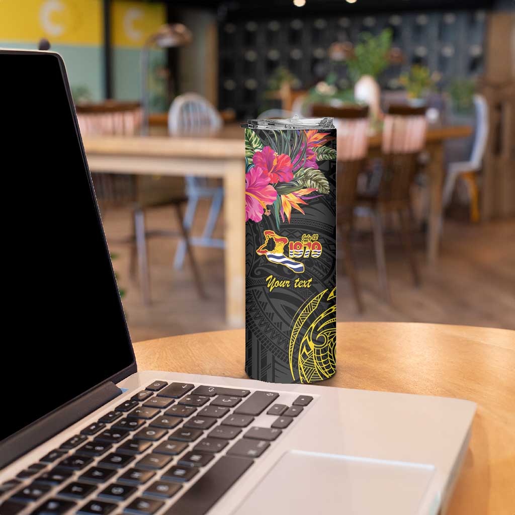 Kiribati Independence Day Personalised Skinny Tumbler Gold Frigatebird with Polynesian Pattern