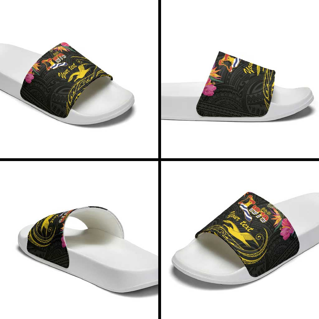 Kiribati Independence Day Personalised Slide Sandals Gold Frigatebird with Polynesian Pattern - Polynesian Pride