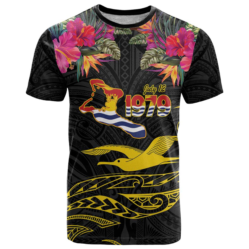 Kiribati Independence Day Personalised T Shirt Gold Frigatebird with Polynesian Pattern LT9 Black - Polynesian Pride