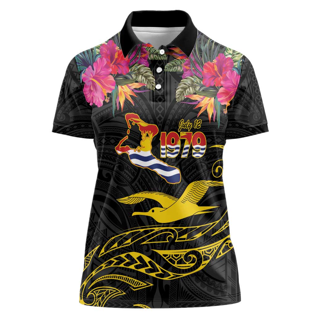 Kiribati Independence Day Personalised Women Polo Shirt Gold Frigatebird with Polynesian Pattern