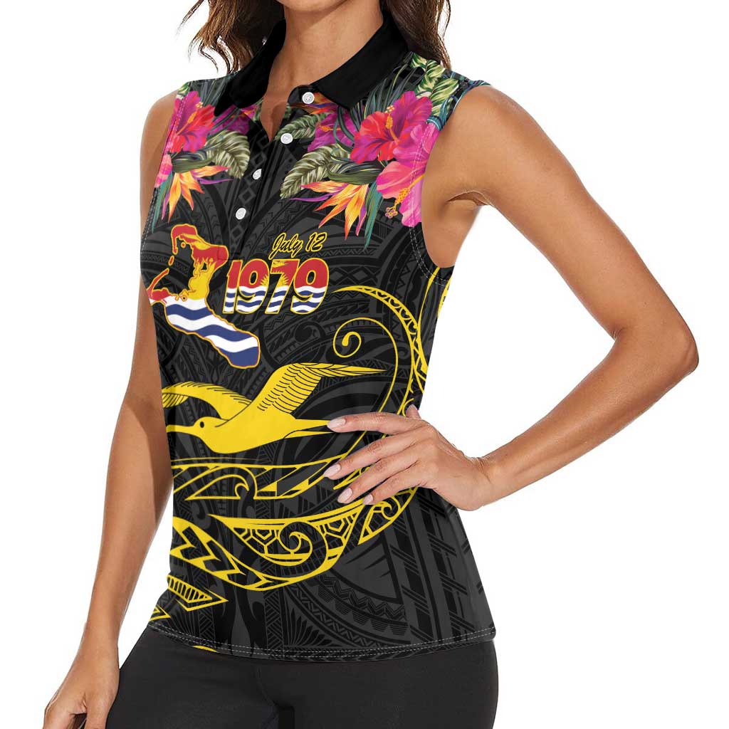 Kiribati Independence Day Personalised Women Sleeveless Polo Shirt Gold Frigatebird with Polynesian Pattern