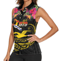 Kiribati Independence Day Personalised Women Sleeveless Polo Shirt Gold Frigatebird with Polynesian Pattern
