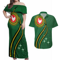 Manua Islands Polynesian Style Couples Matching Off Shoulder Maxi Dress and Hawaiian Shirt