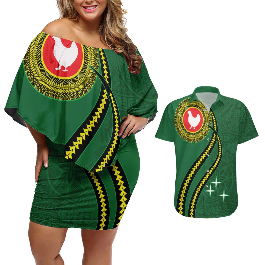 Manua Islands Polynesian Style Couples Matching Off Shoulder Short Dress and Hawaiian Shirt LT9 Green - Polynesian Pride