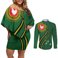 Manua Islands Polynesian Style Couples Matching Off Shoulder Short Dress and Long Sleeve Button Shirt