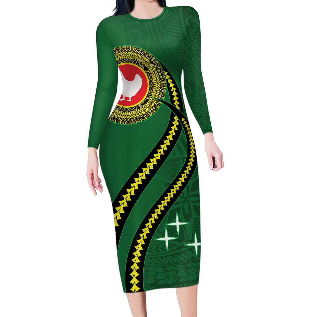 Manua Islands Polynesian Style Family Matching Long Sleeve Bodycon Dress and Hawaiian Shirt LT9 Mom's Dress Green - Polynesian Pride