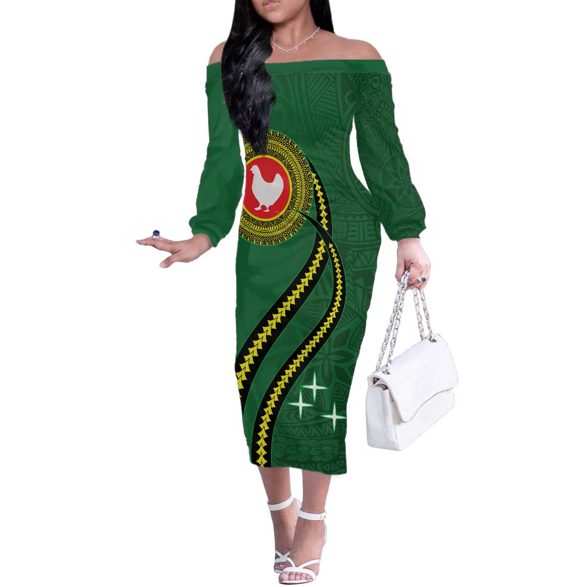 Manua Islands Polynesian Style Family Matching Off The Shoulder Long Sleeve Dress and Hawaiian Shirt LT9 Mom's Dress Green - Polynesian Pride