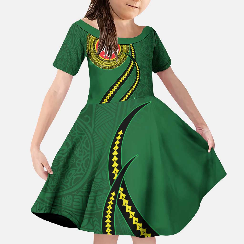 Manua Islands Polynesian Style Family Matching Off Shoulder Maxi Dress and Hawaiian Shirt LT9 Daughter's Dress Green - Polynesian Pride