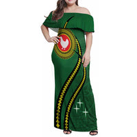 Manua Islands Polynesian Style Family Matching Off Shoulder Maxi Dress and Hawaiian Shirt LT9 Mom's Dress Green - Polynesian Pride