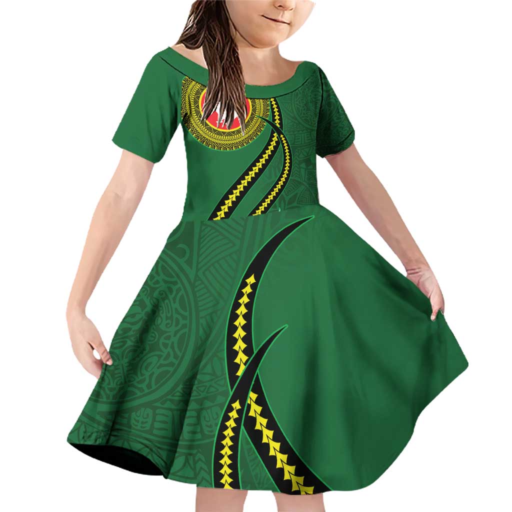 Manua Islands Polynesian Style Family Matching Off Shoulder Short Dress and Hawaiian Shirt LT9 Daughter's Dress Green - Polynesian Pride