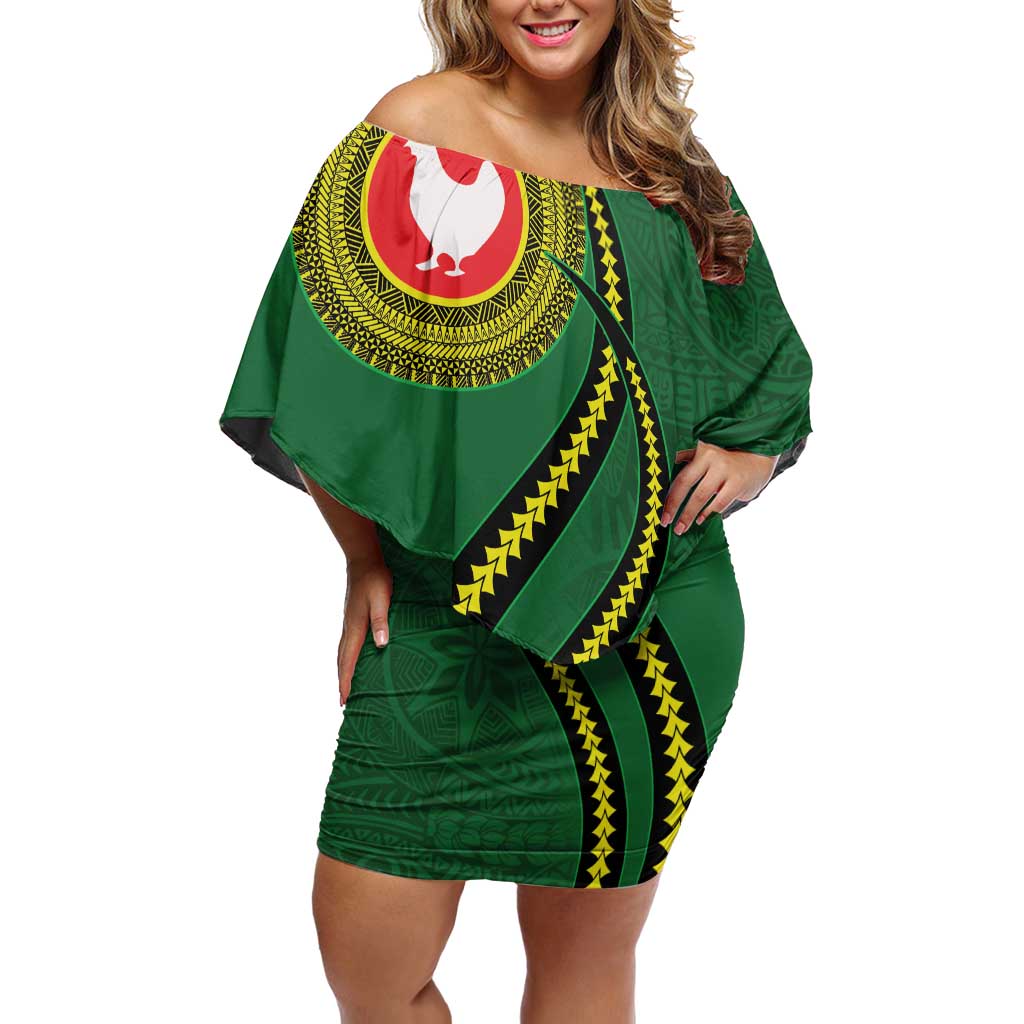 Manua Islands Polynesian Style Family Matching Off Shoulder Short Dress and Hawaiian Shirt LT9 Mom's Dress Green - Polynesian Pride