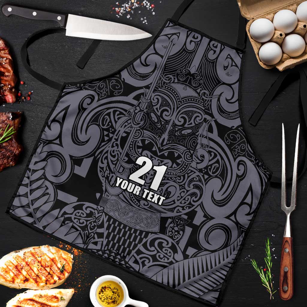 Custom New Zealand Taiaha Maori Apron Minimalist Silver Fern All Black - Polynesian Pride