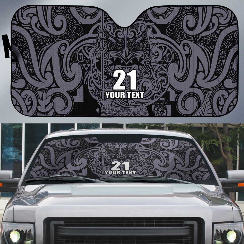 Custom New Zealand Taiaha Maori Auto Sun Shade Minimalist Silver Fern All Black LT9 Black - Polynesian Pride