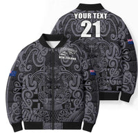 Custom New Zealand Taiaha Maori Bomber Puffer Jacket Minimalist Silver Fern All Black - Polynesian Pride