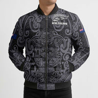 Custom New Zealand Taiaha Maori Bomber Puffer Jacket Minimalist Silver Fern All Black - Polynesian Pride
