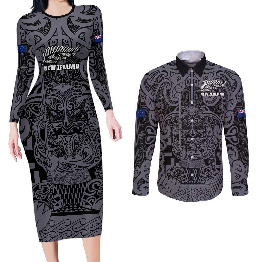Custom New Zealand Taiaha Maori Couples Matching Long Sleeve Bodycon Dress and Long Sleeve Button Shirt Minimalist Silver Fern All Black - Polynesian Pride