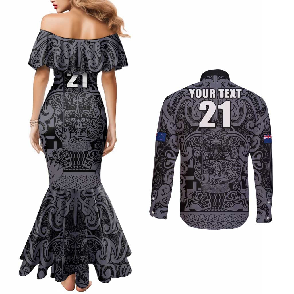 Custom New Zealand Taiaha Maori Couples Matching Mermaid Dress and Long Sleeve Button Shirt Minimalist Silver Fern All Black - Polynesian Pride