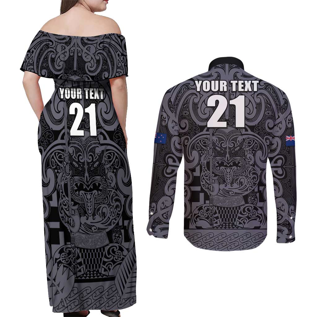 Custom New Zealand Taiaha Maori Couples Matching Off Shoulder Maxi Dress and Long Sleeve Button Shirt Minimalist Silver Fern All Black LT9 - Polynesian Pride