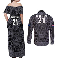 Custom New Zealand Taiaha Maori Couples Matching Off Shoulder Maxi Dress and Long Sleeve Button Shirt Minimalist Silver Fern All Black LT9 - Polynesian Pride