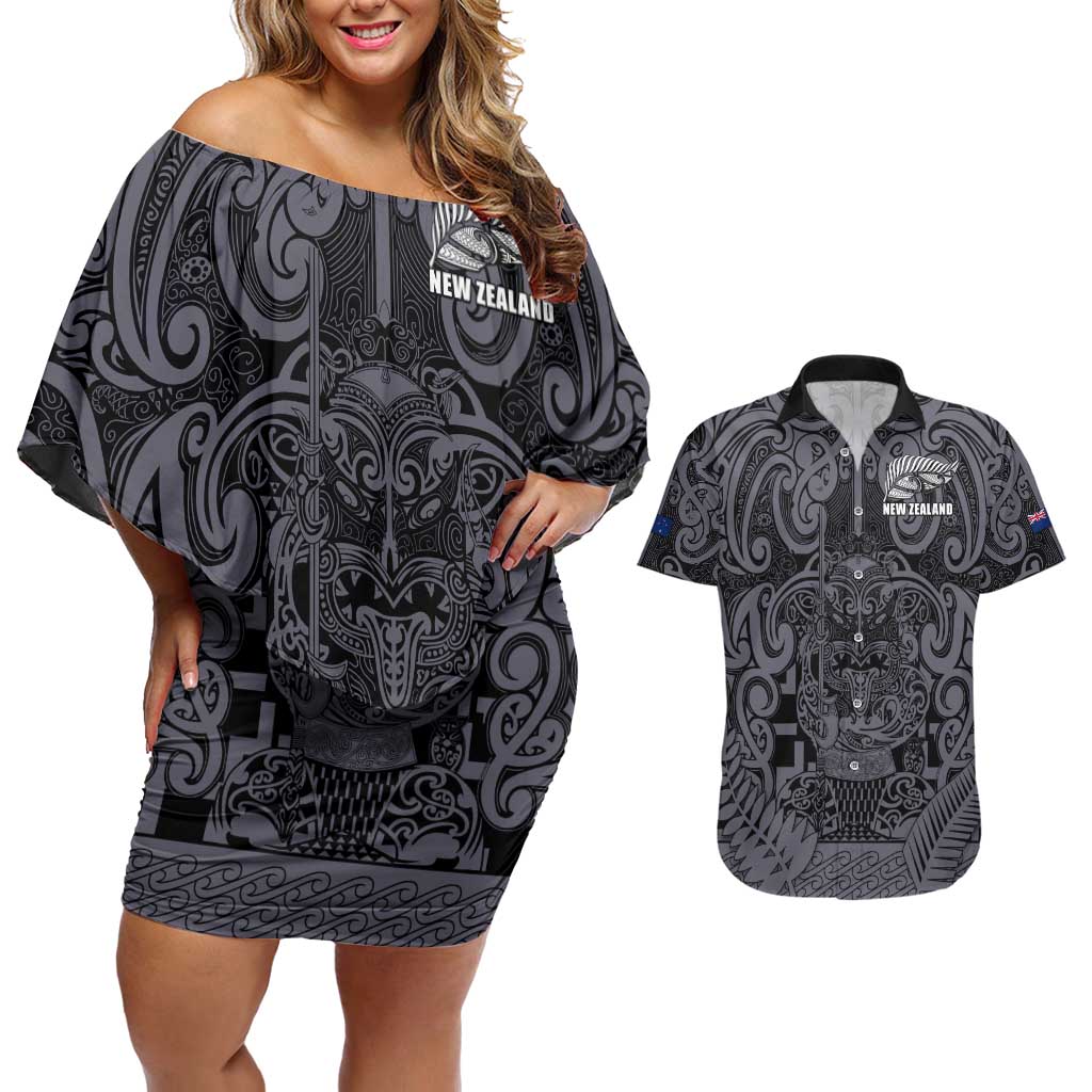 Custom New Zealand Taiaha Maori Couples Matching Off Shoulder Short Dress and Hawaiian Shirt Minimalist Silver Fern All Black LT9 Black - Polynesian Pride