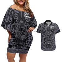 Custom New Zealand Taiaha Maori Couples Matching Off Shoulder Short Dress and Hawaiian Shirt Minimalist Silver Fern All Black LT9 Black - Polynesian Pride