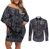 Custom New Zealand Taiaha Maori Couples Matching Off Shoulder Short Dress and Long Sleeve Button Shirt Minimalist Silver Fern All Black LT9 Black - Polynesian Pride