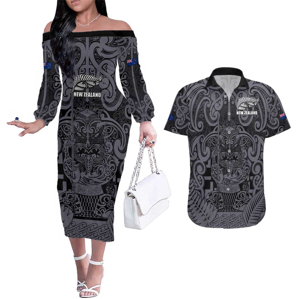 Custom New Zealand Taiaha Maori Couples Matching Off The Shoulder Long Sleeve Dress and Hawaiian Shirt Minimalist Silver Fern All Black LT9 Black - Polynesian Pride