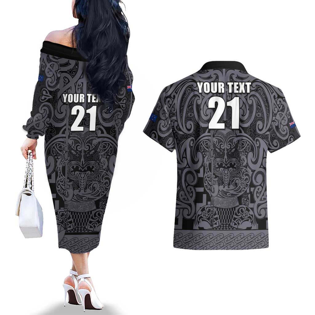 Custom New Zealand Taiaha Maori Couples Matching Off The Shoulder Long Sleeve Dress and Hawaiian Shirt Minimalist Silver Fern All Black LT9 - Polynesian Pride