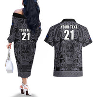 Custom New Zealand Taiaha Maori Couples Matching Off The Shoulder Long Sleeve Dress and Hawaiian Shirt Minimalist Silver Fern All Black LT9 - Polynesian Pride