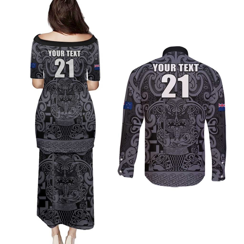 Custom New Zealand Taiaha Maori Couples Matching Puletasi and Long Sleeve Button Shirt Minimalist Silver Fern All Black - Polynesian Pride